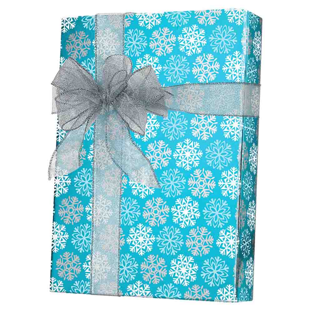Winter gift wrap package snowflake print, bow, and personal note card