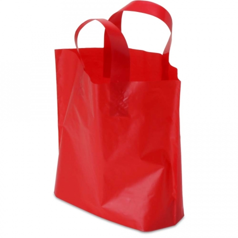 BABCOR Packaging: Red Plastic Ameritote Shopping Bags w. Soft Loop Handle -  12 x 4 x 10 in.