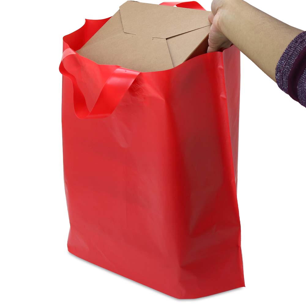 BABCOR Packaging: Red Plastic Ameritote Shopping Bags w. Soft Loop